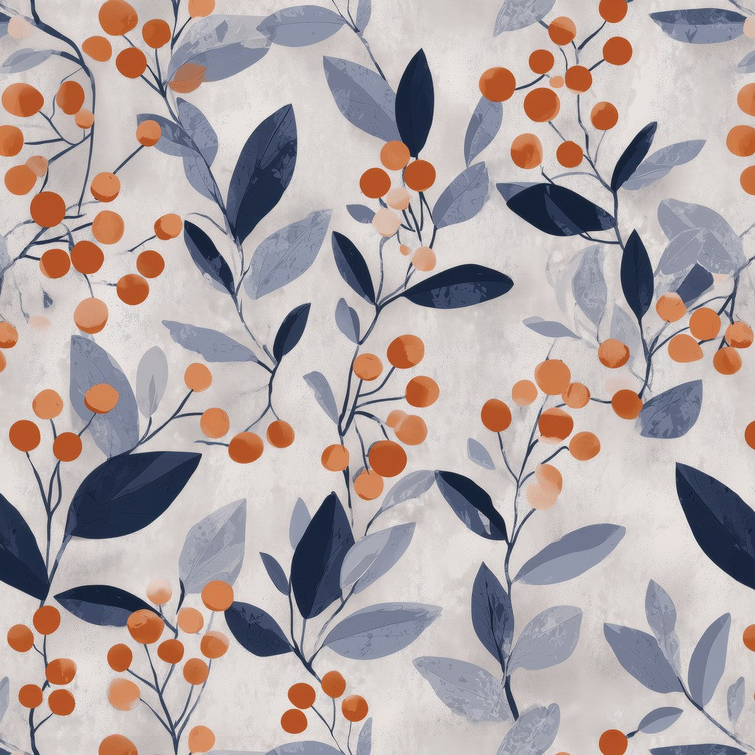 Blumentapete Blaue Blätter mit roten Beeren – Detailansicht des Zweigmusters