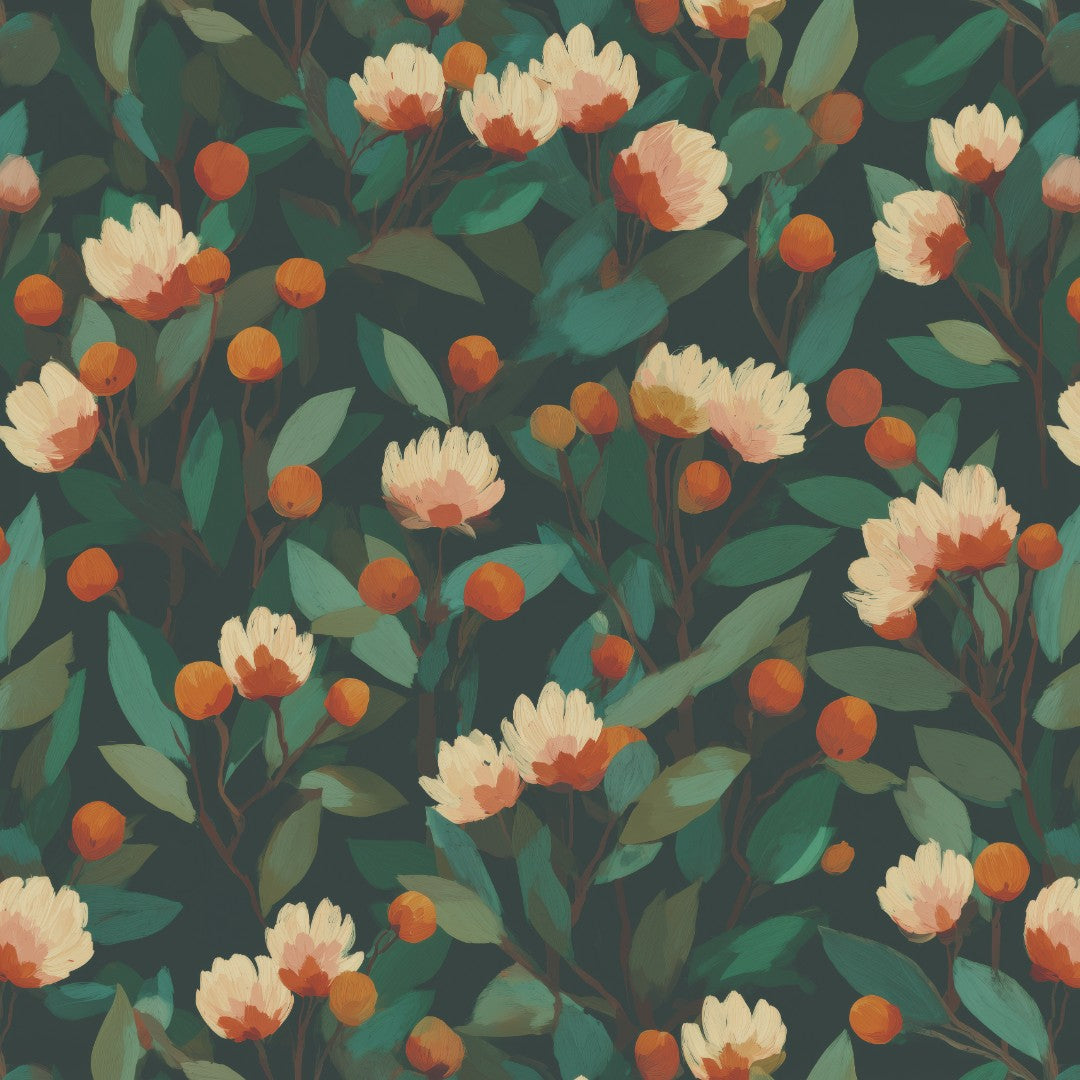 Blumentapete Grün Detailansicht – cremeweiße Blüten und orange Beeren auf Dunkelgrün, selbstklebend