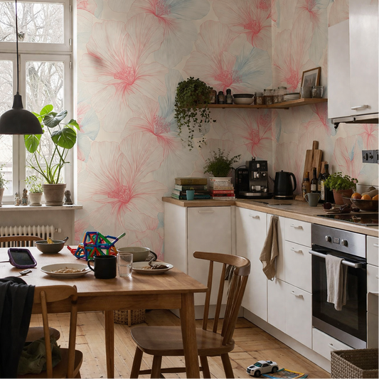 Eine unaufgeräumte Küche mit Kinderspielzeug und Blumentapete