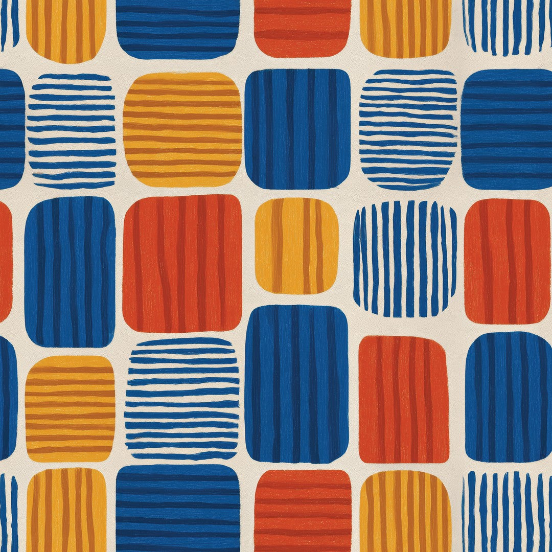 Retro Tapete Bunte Kacheln mit Streifen – Detailansicht in Blau, Orange und Gelb