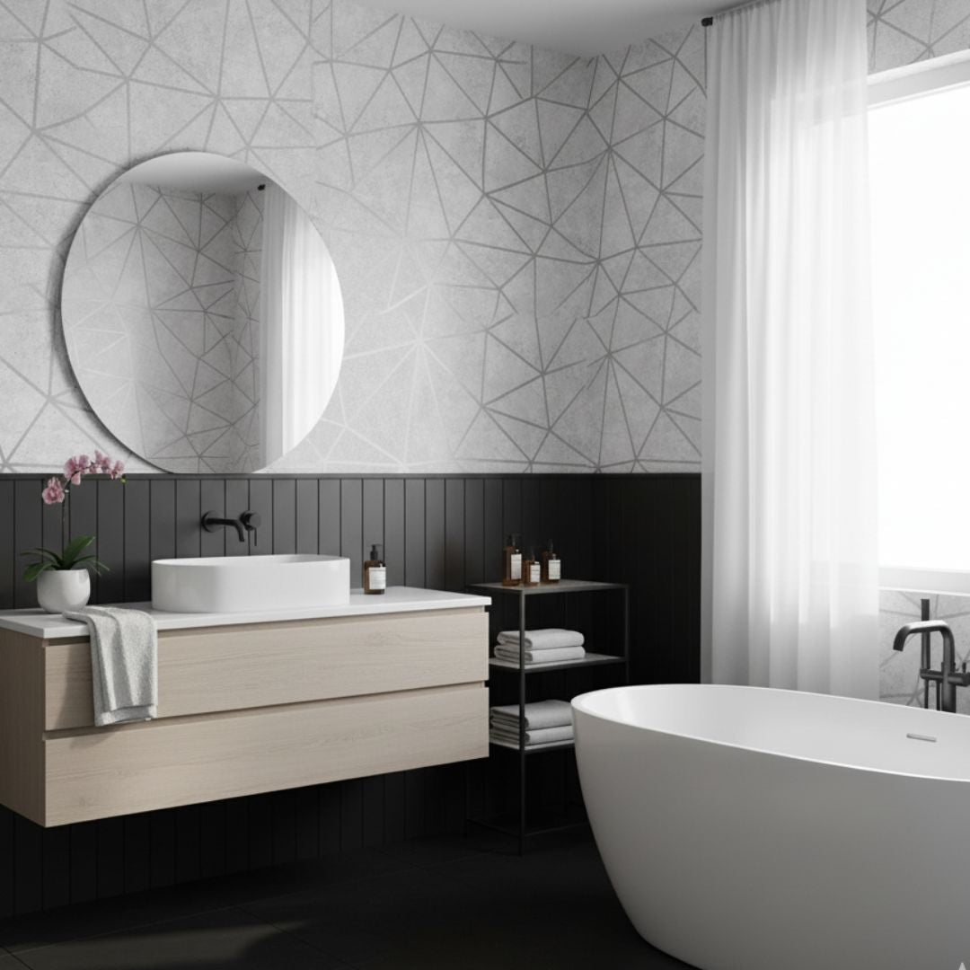 Modernes Badezimmer mit grauer geometrischer Tapete im Linienmuster über dunkler Wandverkleidung und freistehender Badewanne