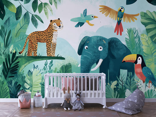 Selbstklebende Tapete mit Leopard, Elefant und tropischen Vögeln im Dschungelmotiv fürs Kinderzimmer