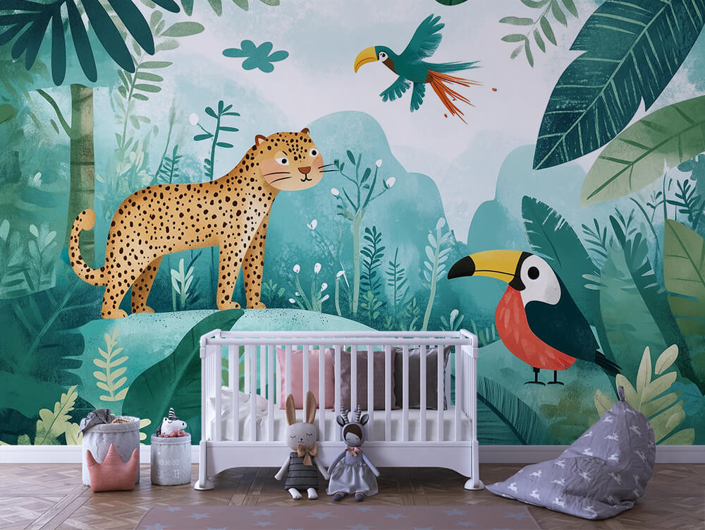 Dschungel-Kindertapete mit Leopard, Elefant und buntem Tukan auf grüner Waldkulisse