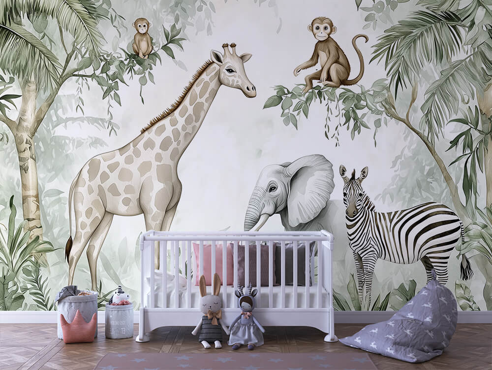 Kindertapete mit Giraffe, Zebra, Elefant und spielenden Äffchen im Dschungel-Look