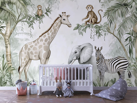 Kindertapete mit Giraffe, Zebra, Elefant und spielenden Äffchen im Dschungel-Look