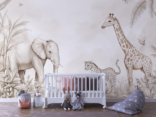 Wandtapete mit Giraffe, Leopard und Elefant in sanften Sepia-Tönen für Babyzimmer