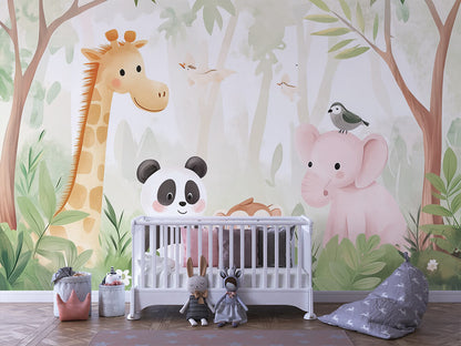 Niedliche Tier-Tapete mit Panda, Giraffe und rosa Elefant in zarten Pastellfarben