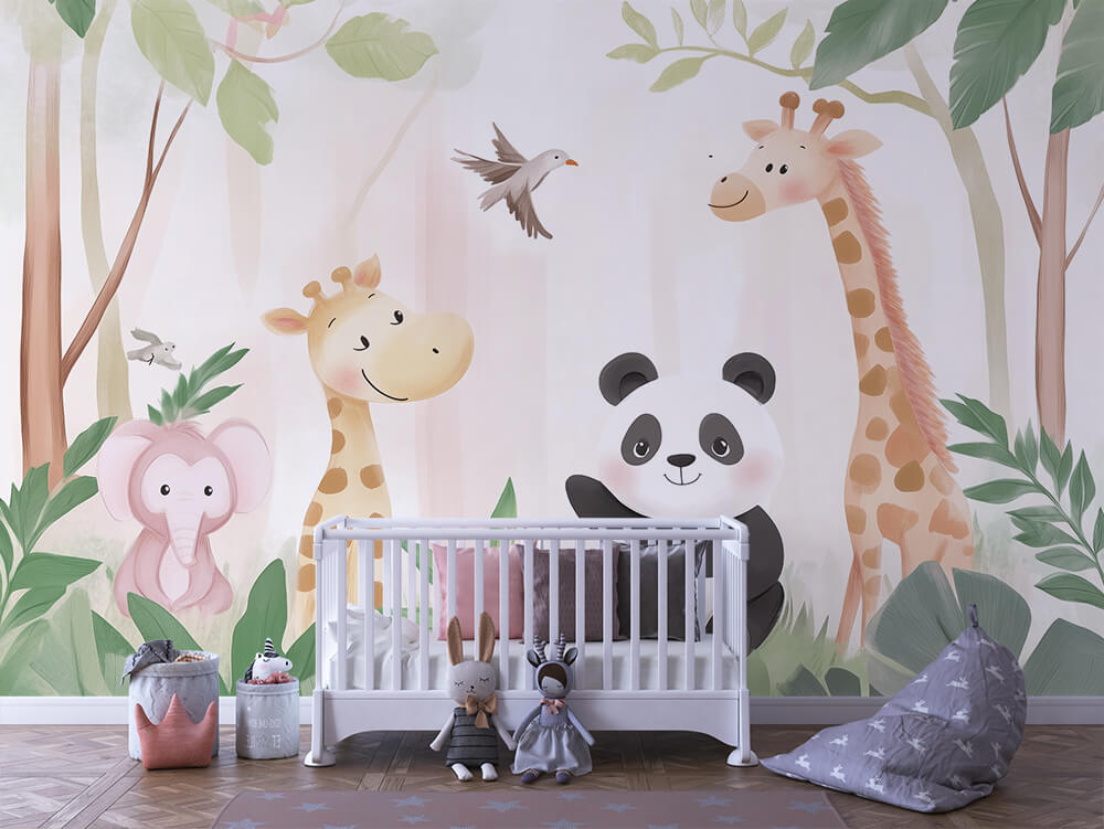 Selbstklebende Wandtapete mit Panda, Giraffen und rosa Elefant in freundlicher Dschungelszene