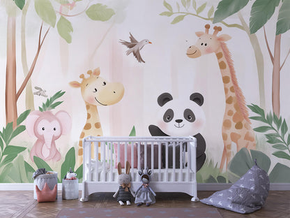 Selbstklebende Wandtapete mit Panda, Giraffen und rosa Elefant in freundlicher Dschungelszene