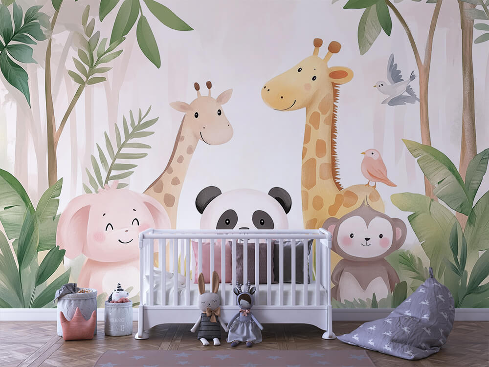 Fröhliche Kindertapete mit Panda, Affe, Giraffen und Elefant auf weißem Hintergrund