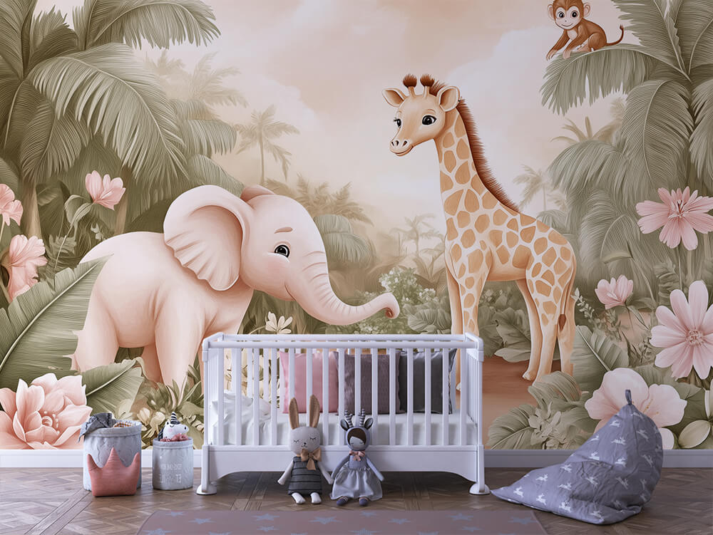 Rosa Tropentapete mit Elefant, Giraffe und Affe zwischen Palmen und Blüten für Kinderzimmer