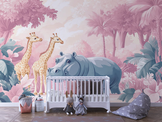 Stilvolle Kinderzimmer-Tapete mit Flusspferd und zwei Giraffen in Rosa-Blau-Farbwelt