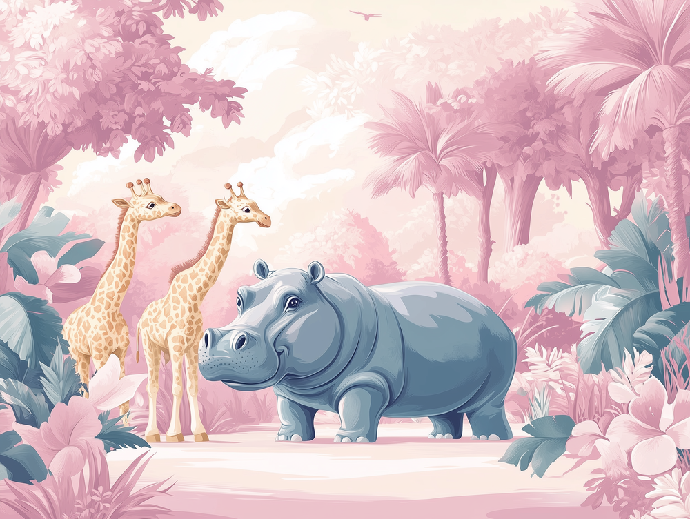 Stilvolle Kinderzimmer-Tapete mit Flusspferd und zwei Giraffen in Rosa-Blau-Farbwelt