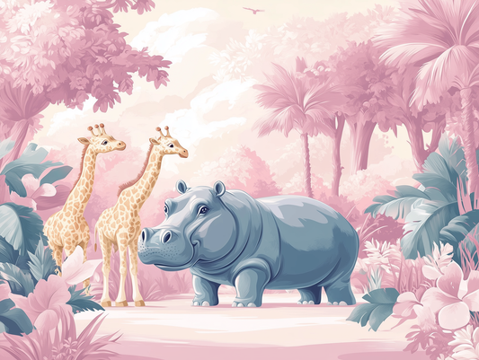 Stilvolle Kinderzimmer-Tapete mit Flusspferd und zwei Giraffen in Rosa-Blau-Farbwelt