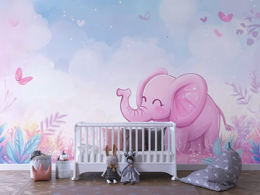 Märchenhafte Tapete mit rosa Elefant und Schmetterlingen vor pastellfarbenem Himmel