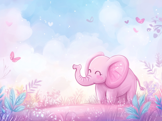Märchenhafte Tapete mit rosa Elefant und Schmetterlingen vor pastellfarbenem Himmel