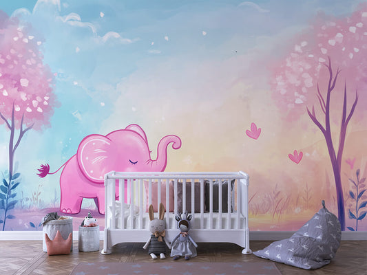 Pink Elefant Kinderzimmer-Fototapete-Wandtatoo-selbstklebend