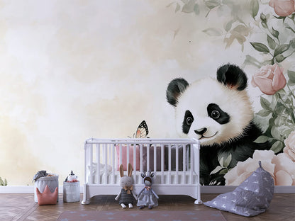 Pandas Blütentraum Kinderzimmer-Fototapete-Wandtatoo-selbstklebend