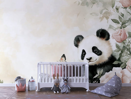 Pandas Blütentraum Kinderzimmer-Fototapete-Wandtatoo-selbstklebend