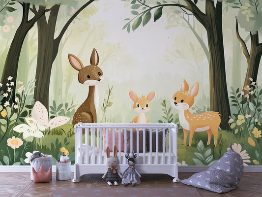 Rehkitz im Blütenwald Kinderzimmer-Fototapete-Wandtatoo-selbstklebend