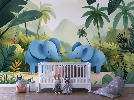 Elefantenfreunde im Dschungel Kinderzimmer-Fototapete-Wandtatoo-selbstklebend