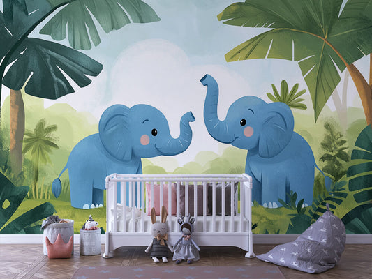 Elefantenglück im Dschungel Kinderzimmer-Fototapete-Wandtatoo-selbstklebend