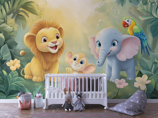Dschungelfreunde im Grünen Kinderzimmer-Fototapete-Wandtatoo-selbstklebend