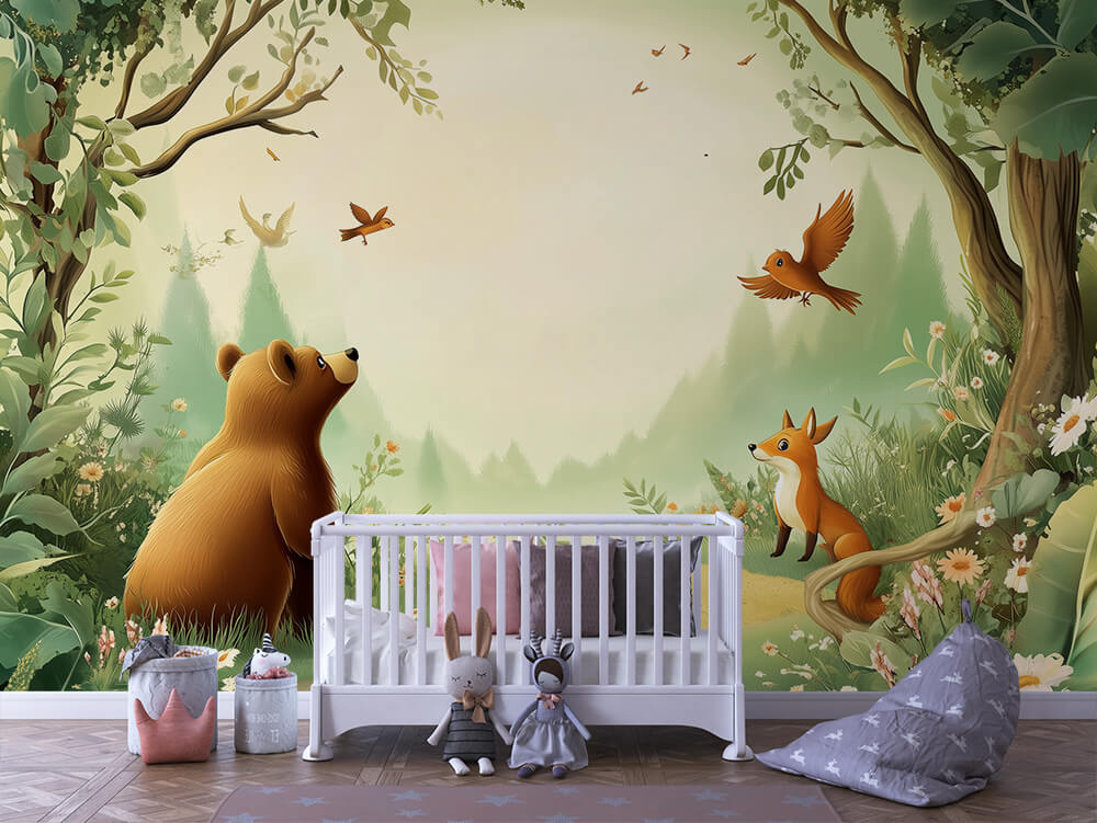 Bär & Fuchs Morgenwald Kinderzimmer-Fototapete-Wandtatoo-selbstklebend