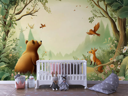 Bär & Fuchs Morgenwald Kinderzimmer-Fototapete-Wandtatoo-selbstklebend