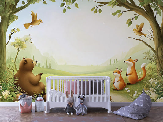Fuchs & Bär im Grünen Kinderzimmer-Fototapete-Wandtatoo-selbstklebend