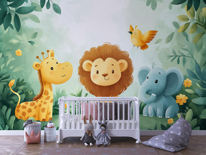 Dschungelfreunde im Grünen Kinderzimmer-Fototapete-Wandtatoo-selbstklebend