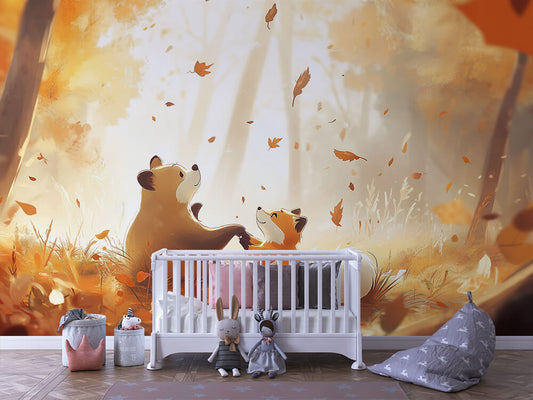 Herbsttanz mit Bär & Fuchs Kinderzimmer-Fototapete-Wandtatoo-selbstklebend