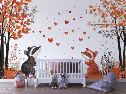 Herzensfreunde im Herbstlaub Kinderzimmer-Fototapete-Wandtatoo-selbstklebend