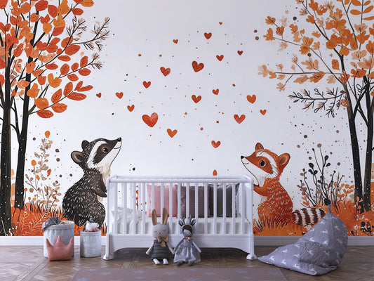 Herzensfreunde im Herbstlaub Kinderzimmer-Fototapete-Wandtatoo-selbstklebend