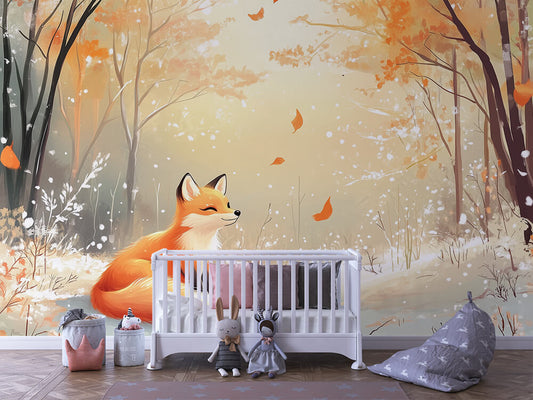 Fuchs im Schneegold Kinderzimmer-Fototapete-Wandtatoo-selbstklebend