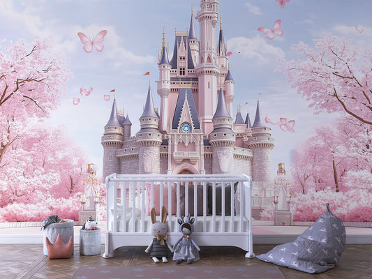Rosa Blütenschloss Kinderzimmer selbsklebende Fototapete