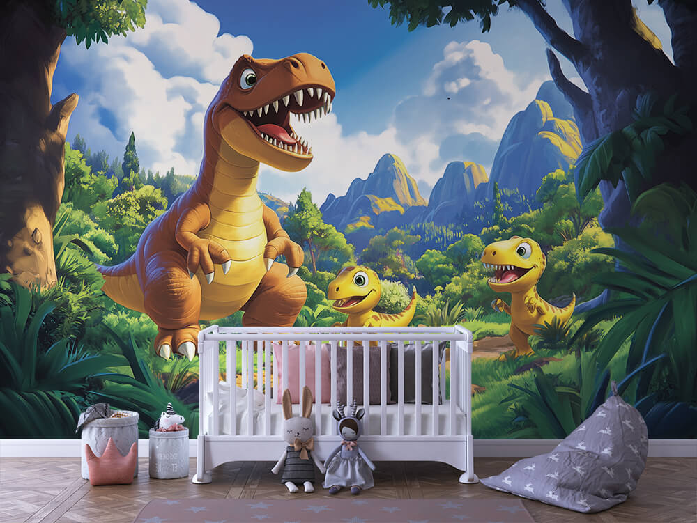 Dino-Familie auf Expedition Kinderzimmer selbsklebende Fototapete
