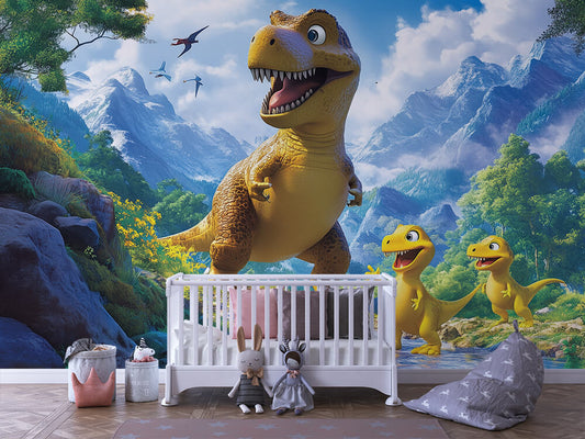 Dino-Familie auf Wanderschaft Kinderzimmer selbsklebende Fototapete