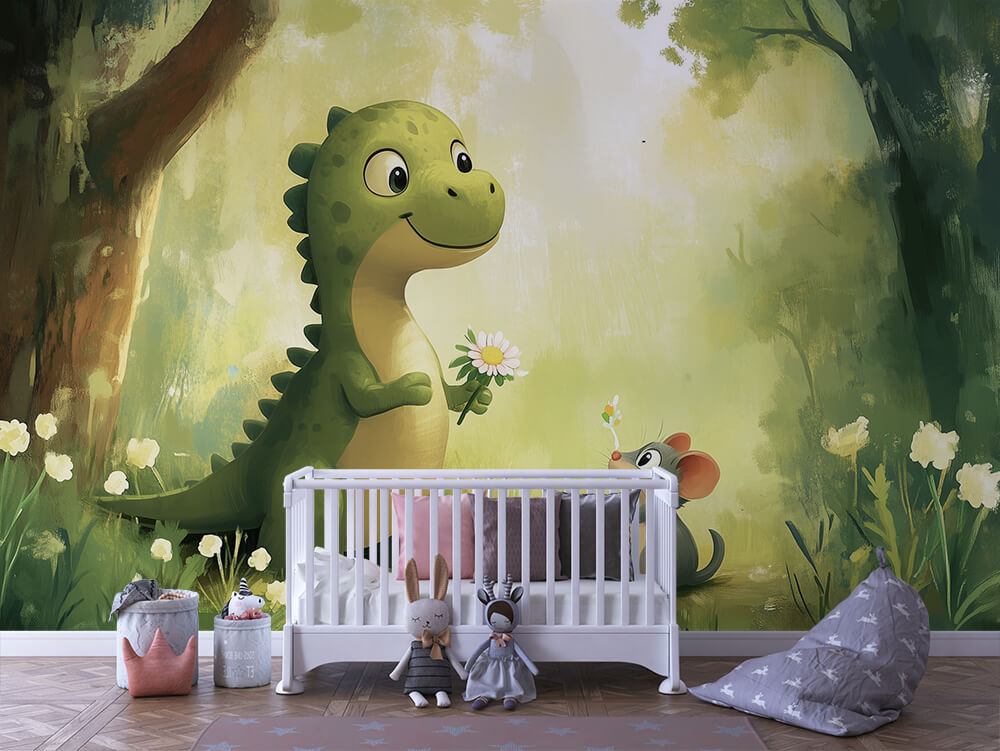 Dino & Maus – Ein Blumengruß Kinderzimmer selbsklebende Fototapete