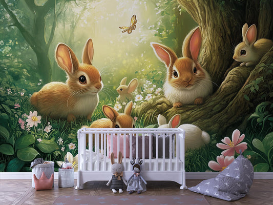 Hoppelglück im Frühlingswald Kinderzimmer selbsklebende Fototapete