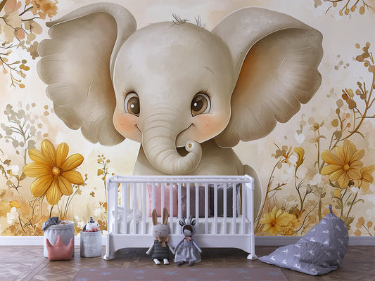 Kleiner Elefant im Blütenzauber Kinderzimmer selbsklebende Fototapete