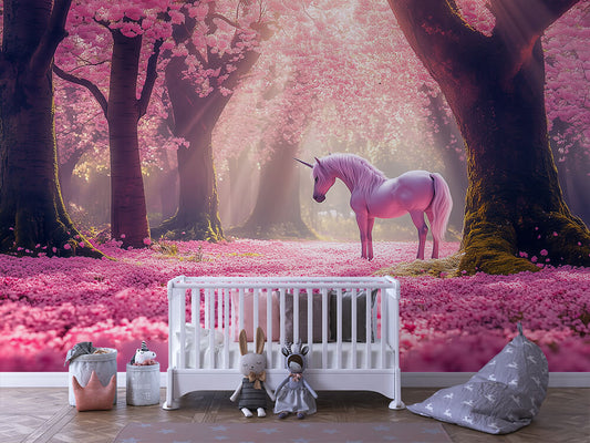Rosa Einhorn unter Kirschbäumen Kinderzimmer selbsklebende Fototapete