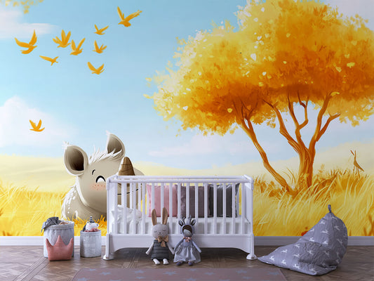Kleines Nashorn im Sonnengras Kinderzimmer selbsklebende Fototapete
