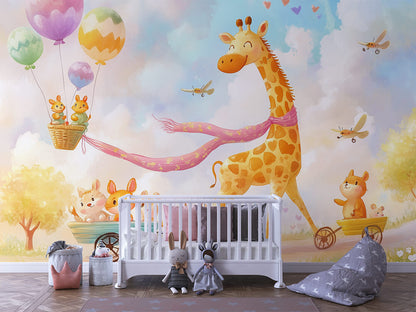 Giraffenglück im Wolkenzug Kinderzimmer selbsklebende Fototapete