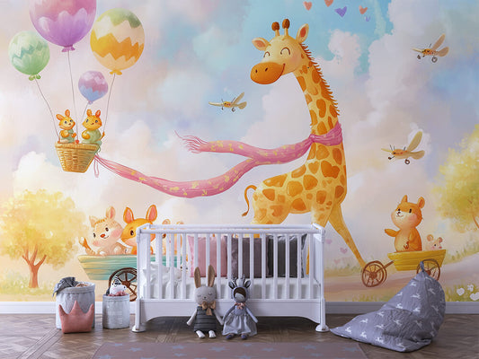 Giraffenglück im Wolkenzug Kinderzimmer selbsklebende Fototapete