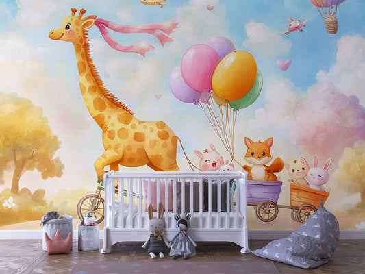 Tierfreunde auf Ballonfahrt Kinderzimmer selbsklebende Fototapete