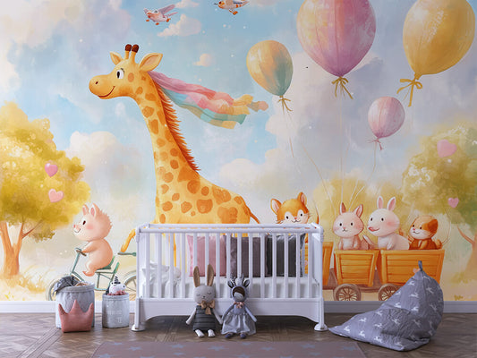 Giraffenfahrt ins Luftballonland Kinderzimmer selbsklebende Fototapete