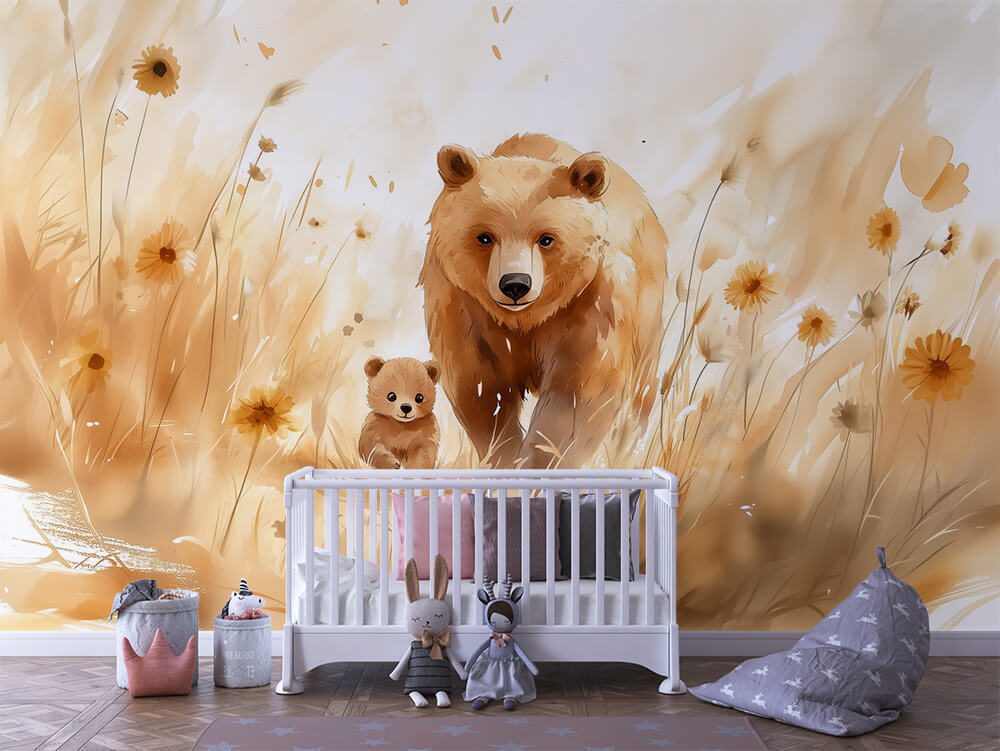 Bärenstark durch die Blüten Kinderzimmer selbsklebende Fototapete