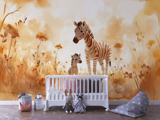 Zebraglück im Abendlicht Kinderzimmer selbsklebende Fototapete