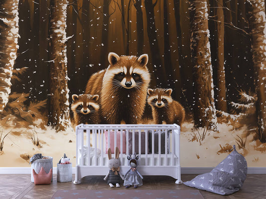Winterwald der Waschbären Kinderzimmer selbsklebende Fototapete